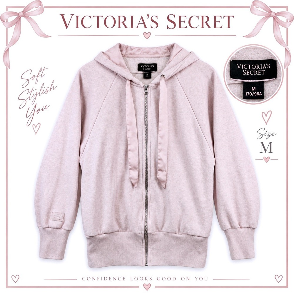Victoria's Secret Hoodie Womens M Blush Pink Satin Trim Full Zip Coquette Cozy